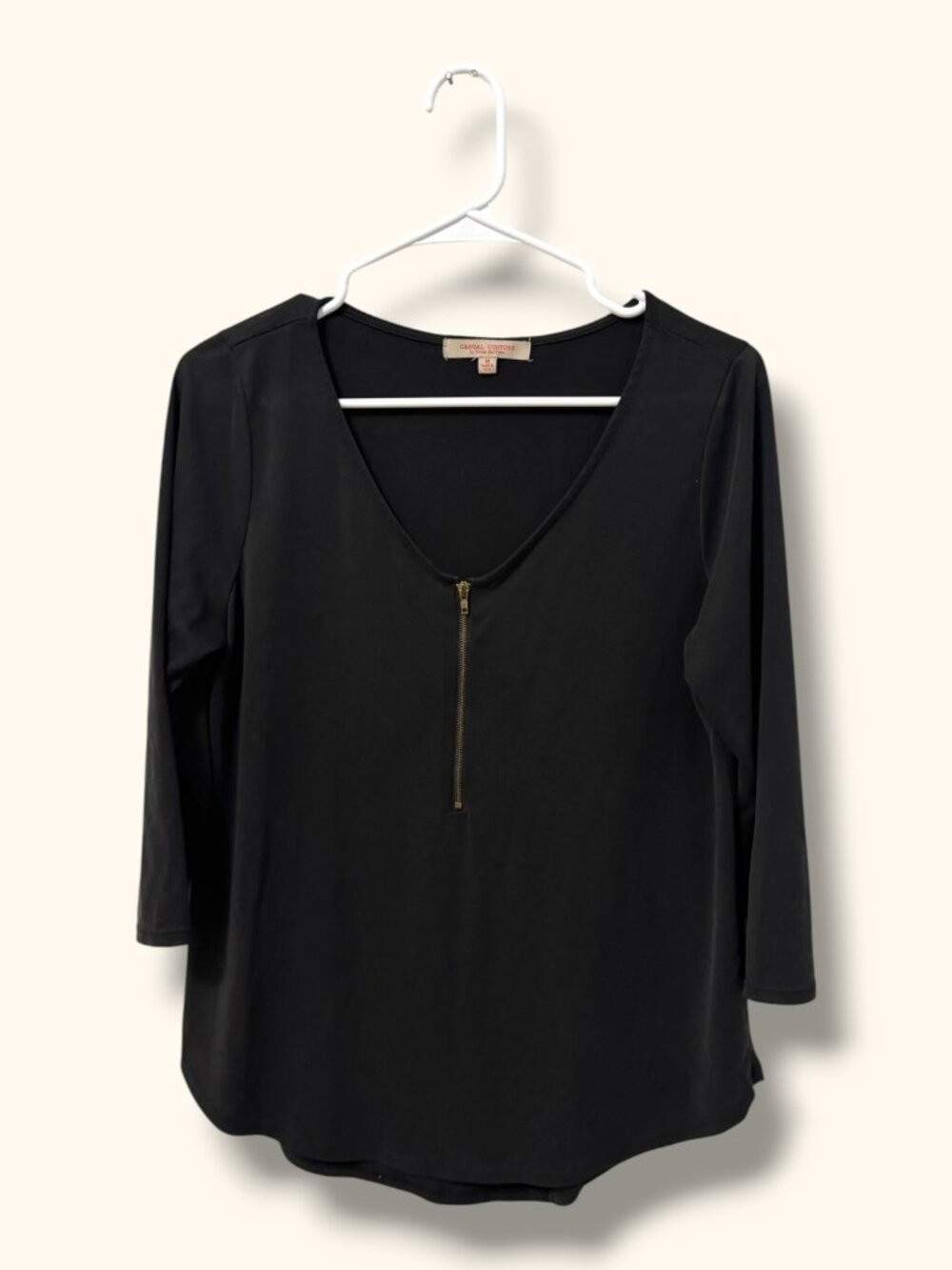 Casual Couture Top Women M Black V-Neck Zip 3/4 Sleeve Modal Stretch Lightweight
